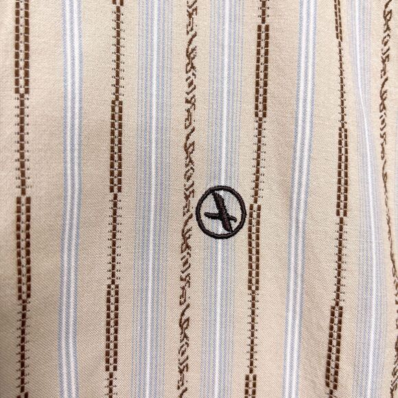 AIGLE Embroidered Striped Button Front Shirt Beige Brown Lightweight Mens Large - Picture 3 of 6